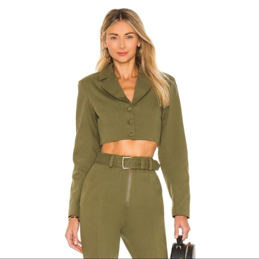 Camila Coelho Revolve Womens Blazer Olive Green Crop Medium Preppy Dark Academia